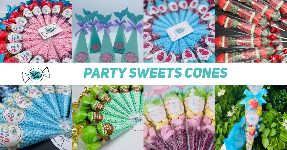 Party sweets cones in various colors with bows and labels.