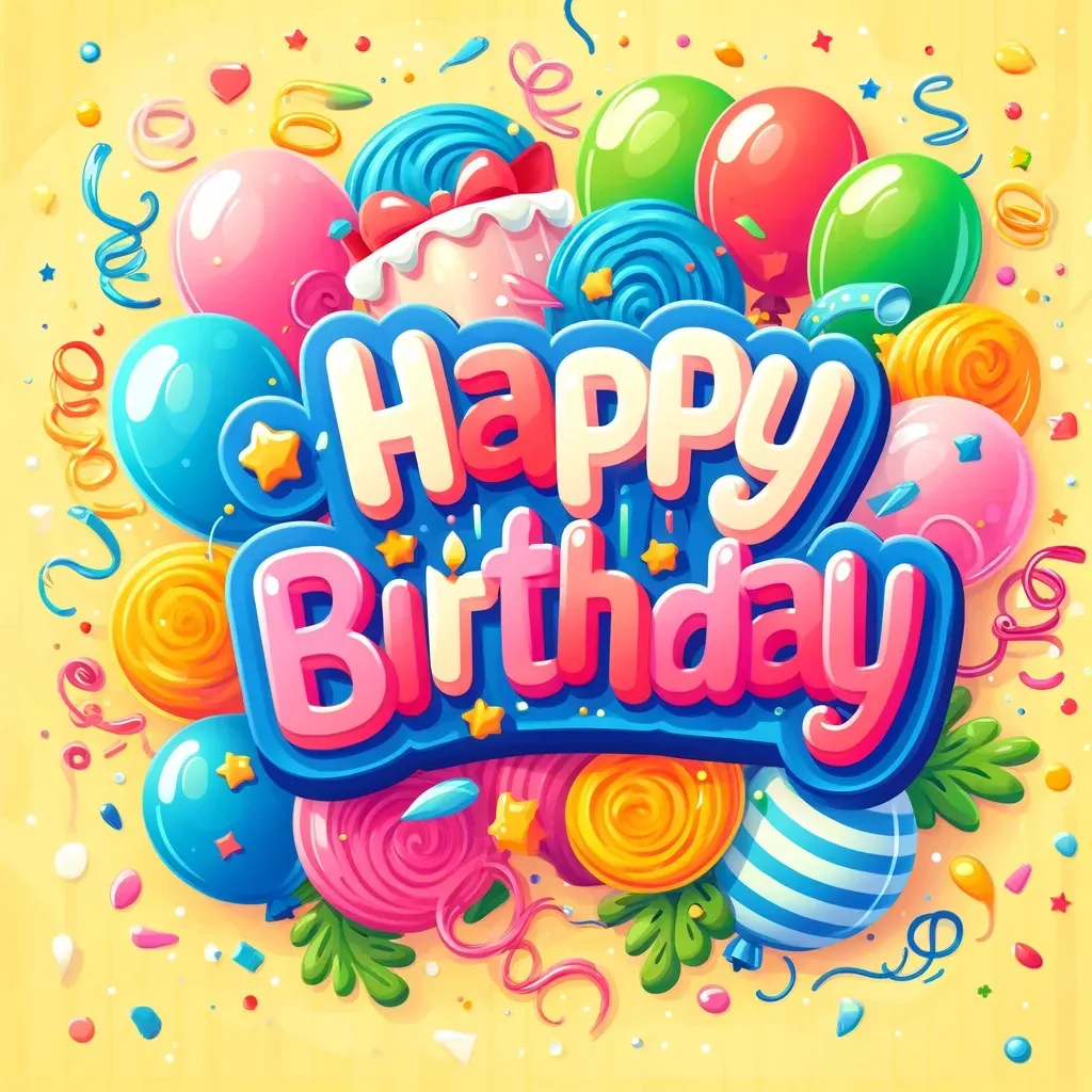 A happy birthday card with balloons , candies , and confetti.