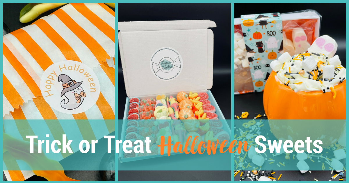 Halloween sweets: striped bag, box with candies, pumpkin with treats.