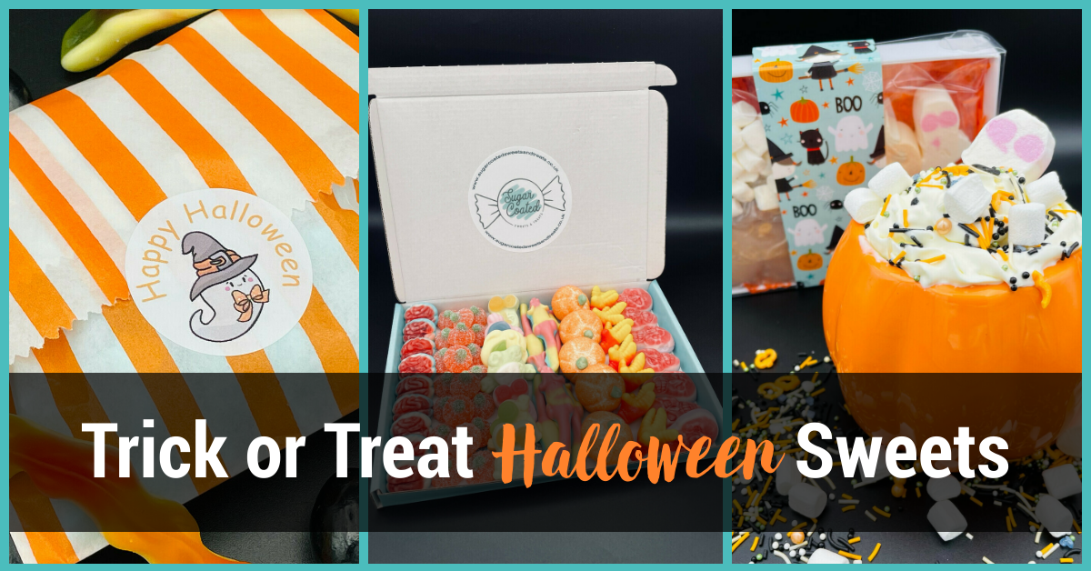Halloween sweets: orange and white striped bag, box with candies, treats in a pumpkin.