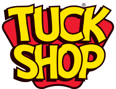 a yellow and red logo for tuck shop