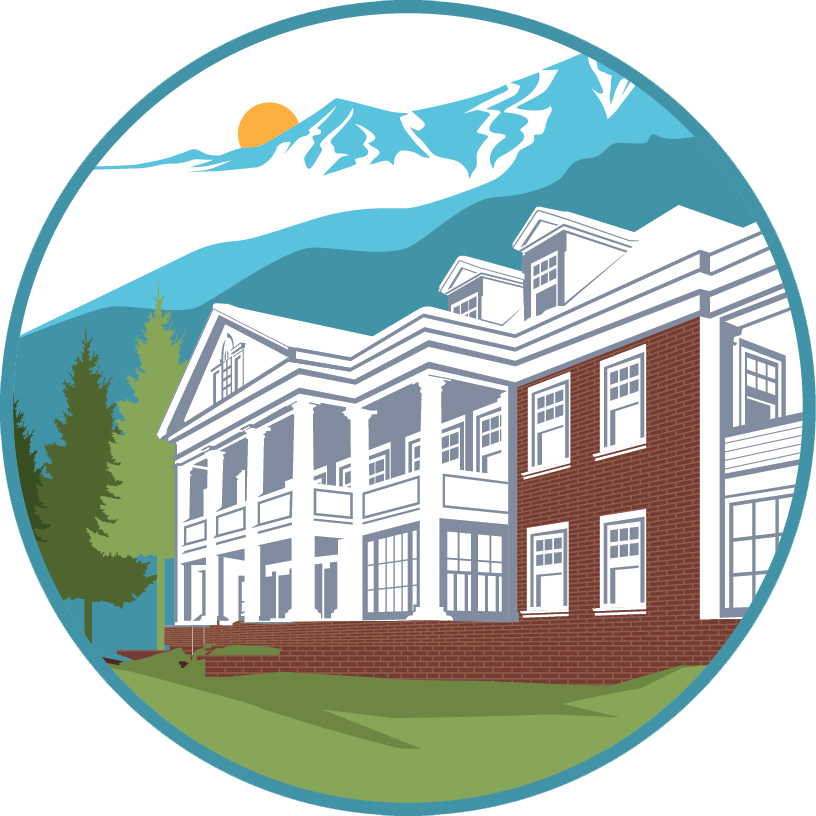 The logo for prescott house adk shows a large brick building with a mountain in the background.