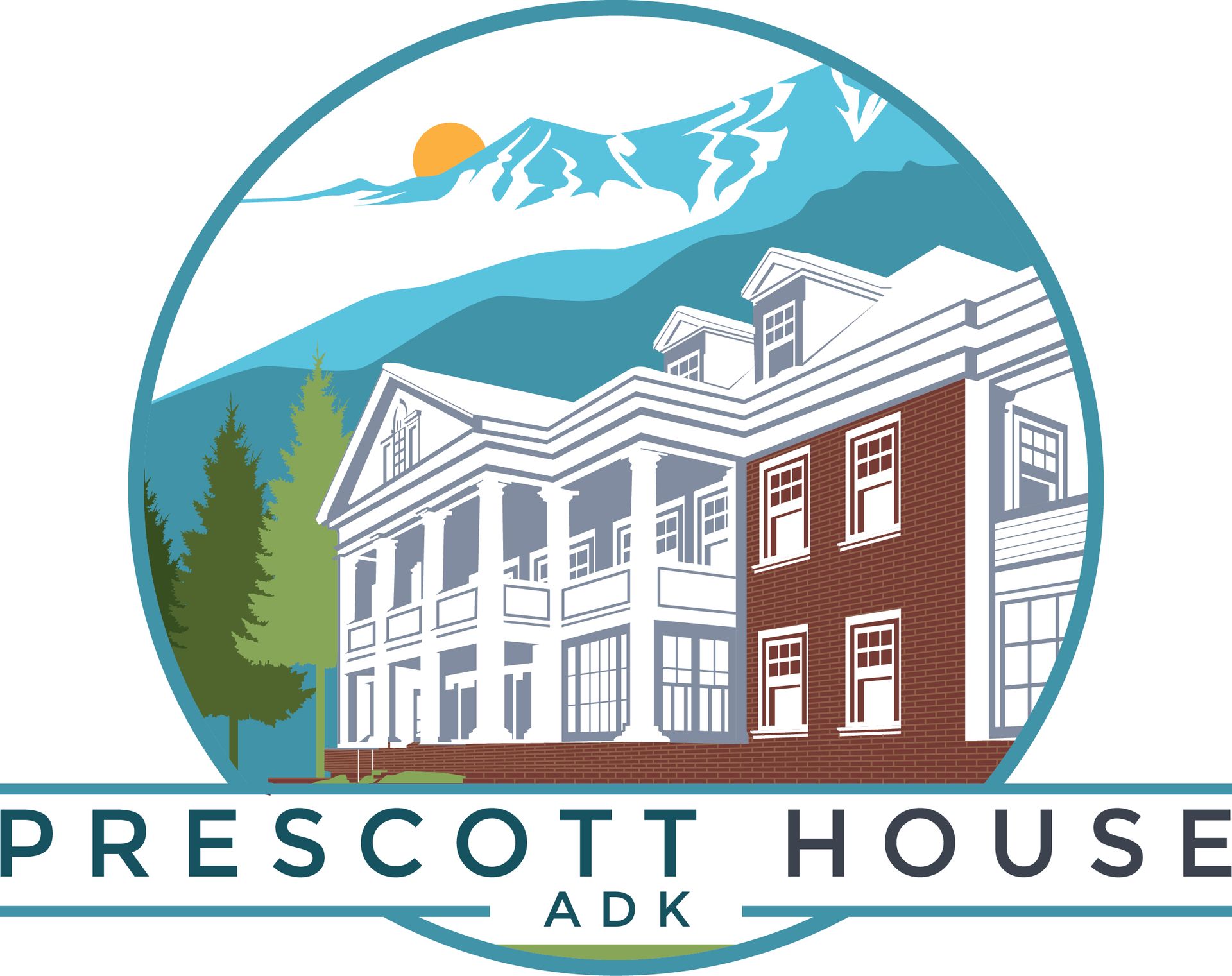 The logo for prescott house adk shows a large brick building with a mountain in the background.