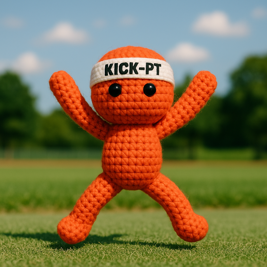Kick-PT mascotte in jumping jack pose tijdens outdoor training op het gras