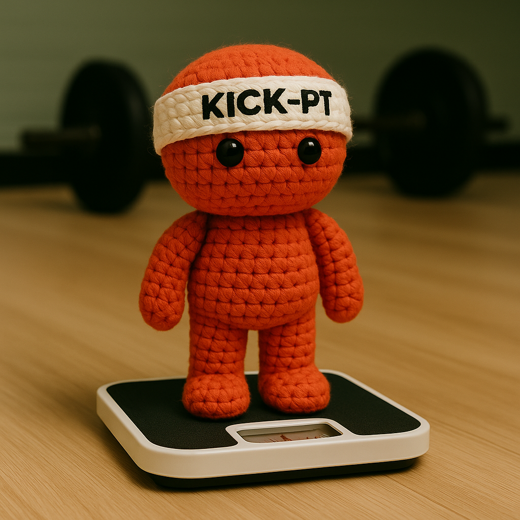 Kick-PT mascotte op weegschaal – start met personal training en gewichtsbeheersing
