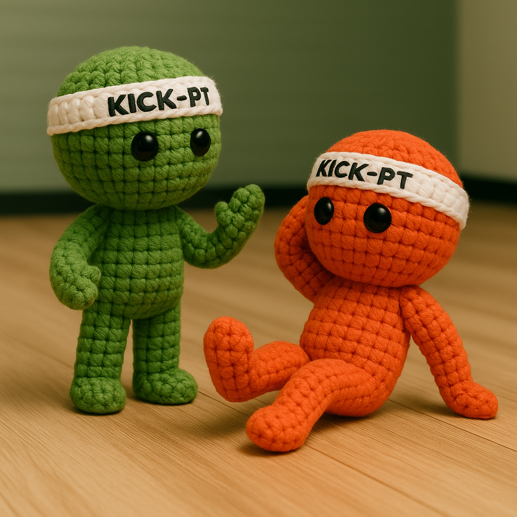 Kick-PT mascottes in gesprek op gymvloer als symbool voor coaching en persoonlijke begeleiding
