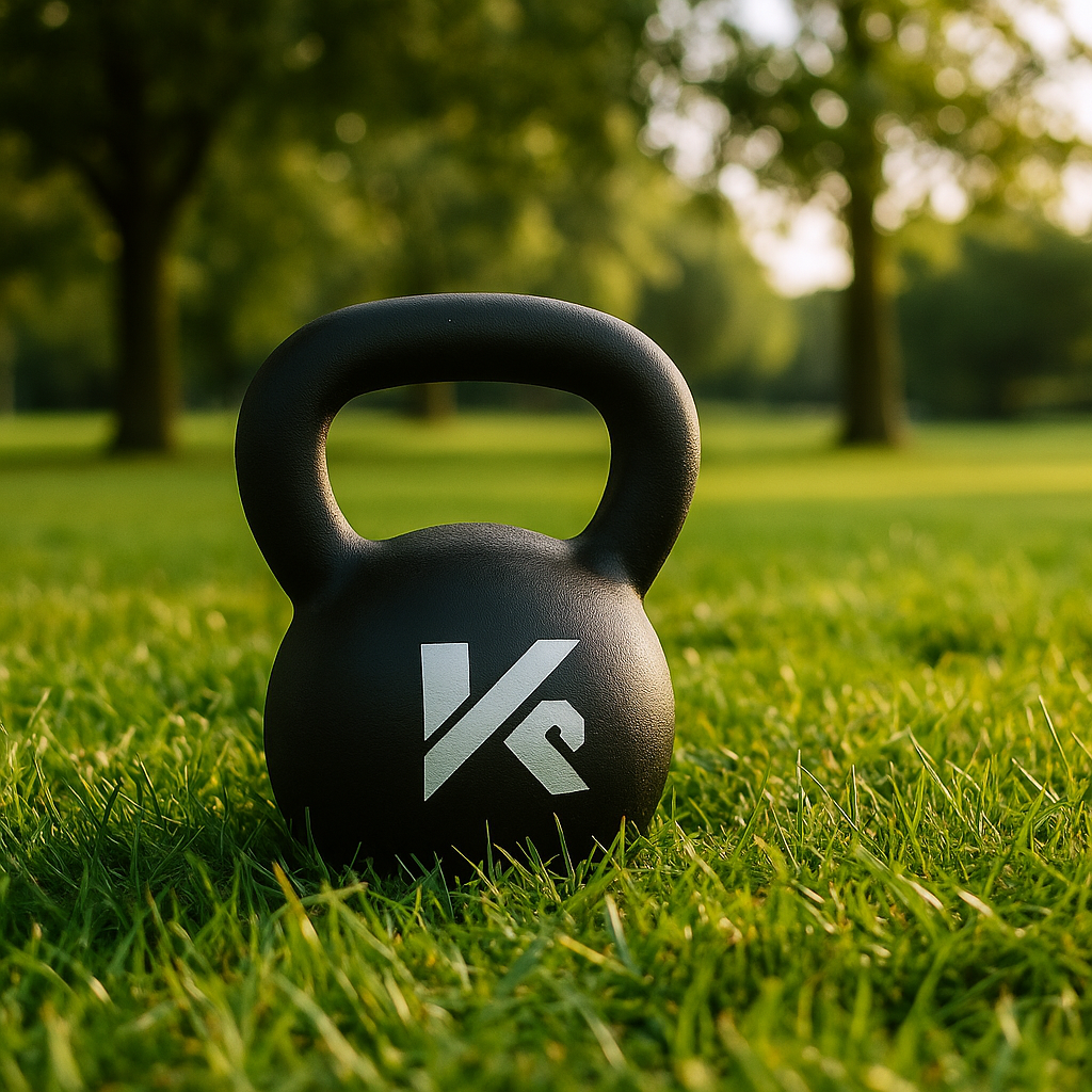 Zwarte kettlebell met Kick-PT logo in het park, klaar voor outdoor training in Amstelveen