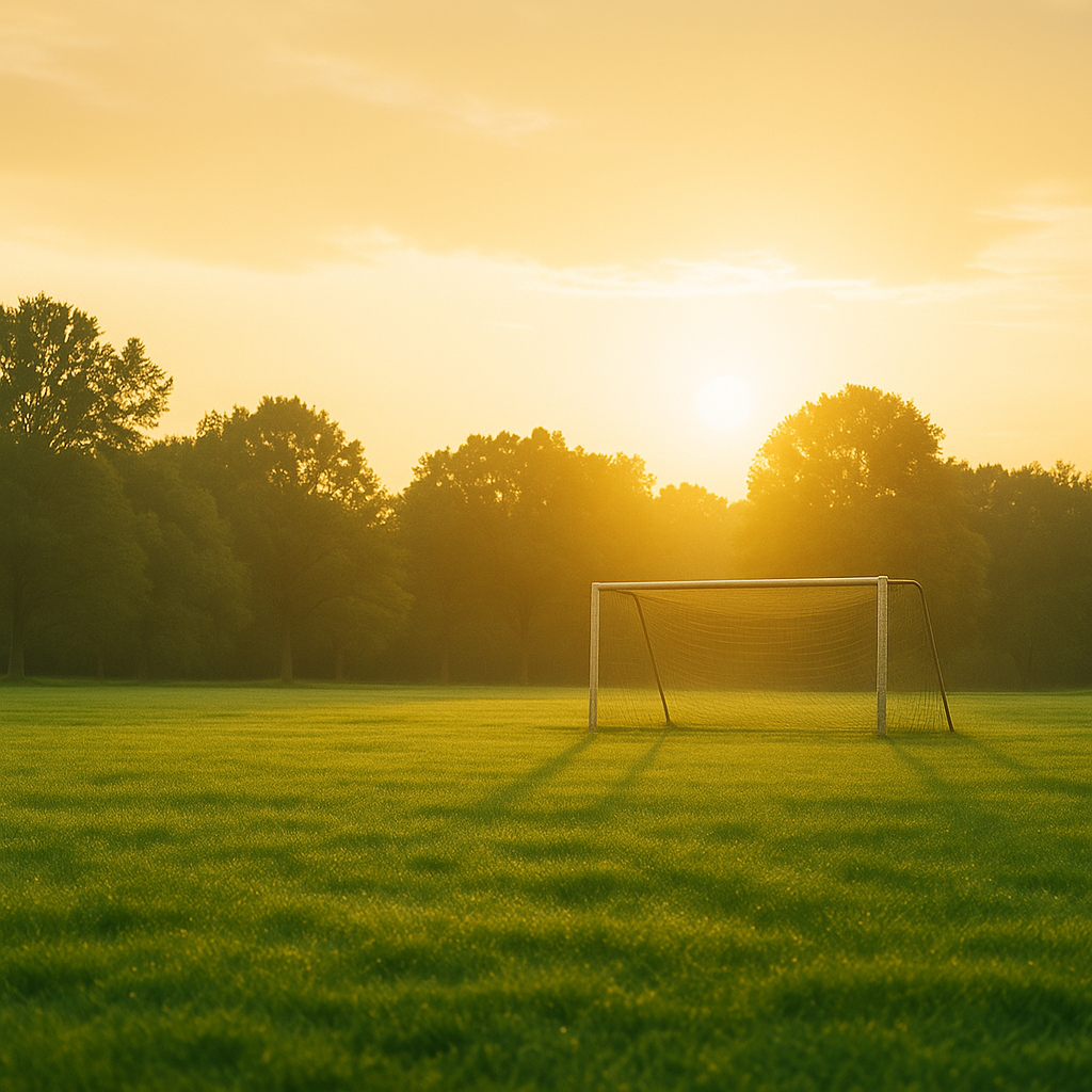 Veld met voetbaldoel bij zonsopkomst in Amstelveen, locatie voor outdoor training van Kick-PT