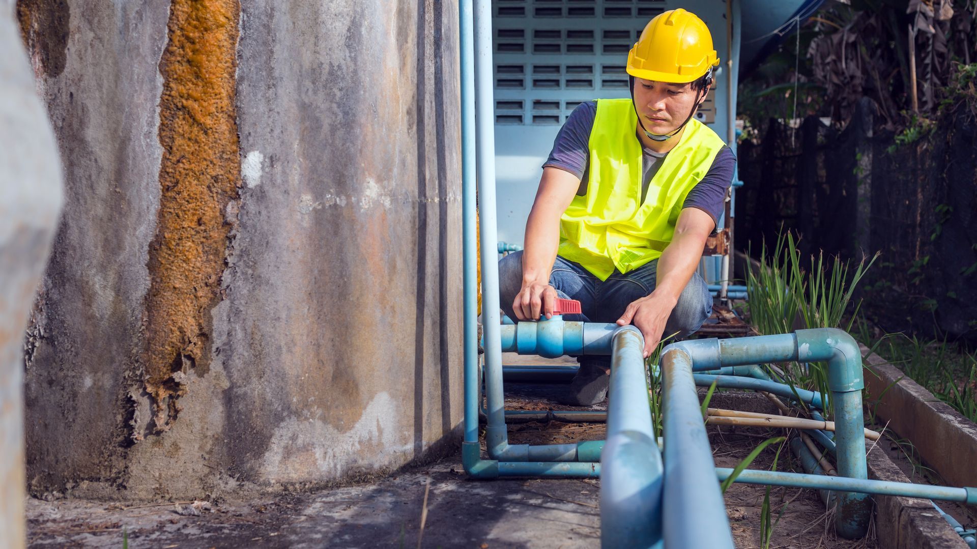 A person wearing a yellow hard hat and vest works on blue pipes near a concrete structure.