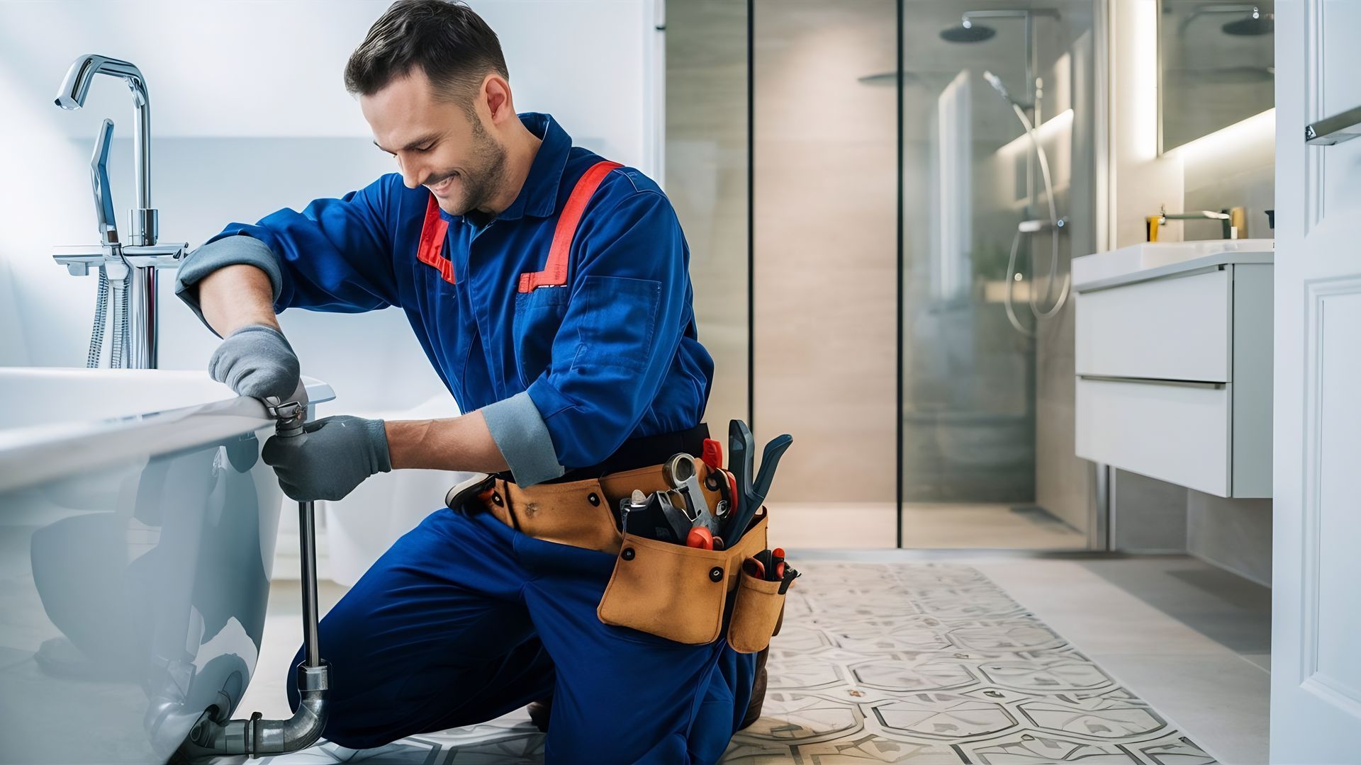 A plumber is kneeling down in a bathroom fixing a pipe.