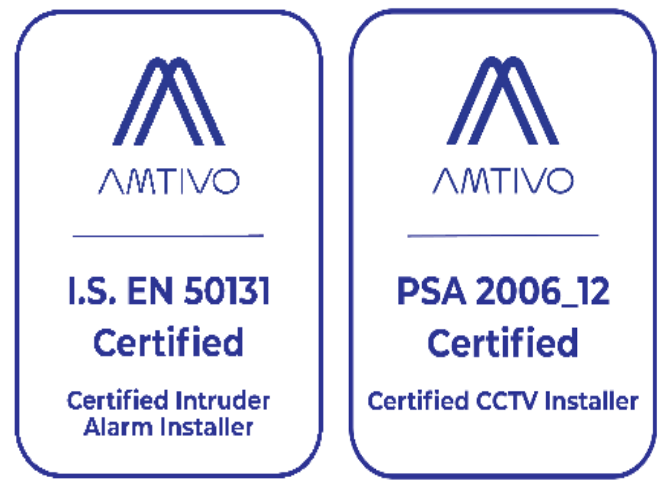 Two logos that say amtivo certified intruder alarm installer and psa 2006 12 certified cctv installer