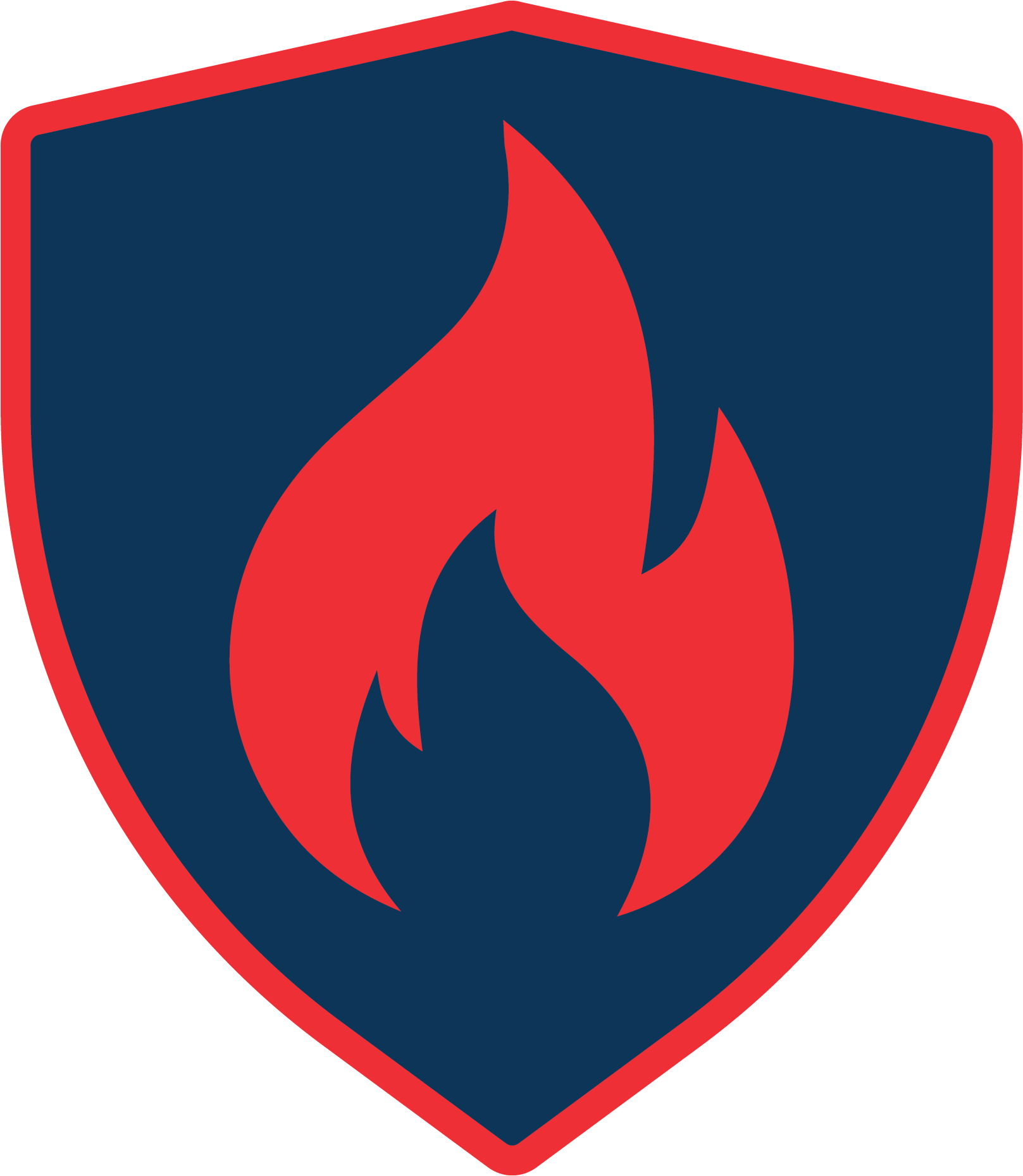 A blue shield with a red flame on it.