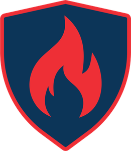 A blue shield with a red flame on it.