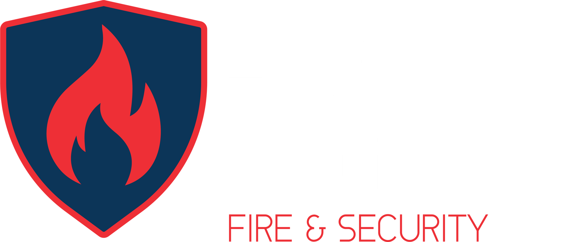 A fire and security logo with a flame on a shield.