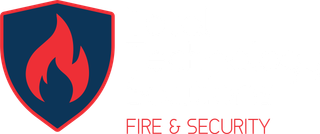 A fire and security logo with a flame on a shield.