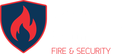 A fire and security logo with a flame on a shield.