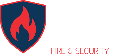A fire and security logo with a flame on a shield.