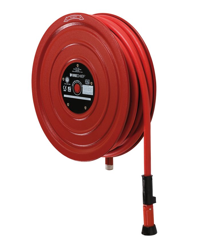 A red fire hose on a white background