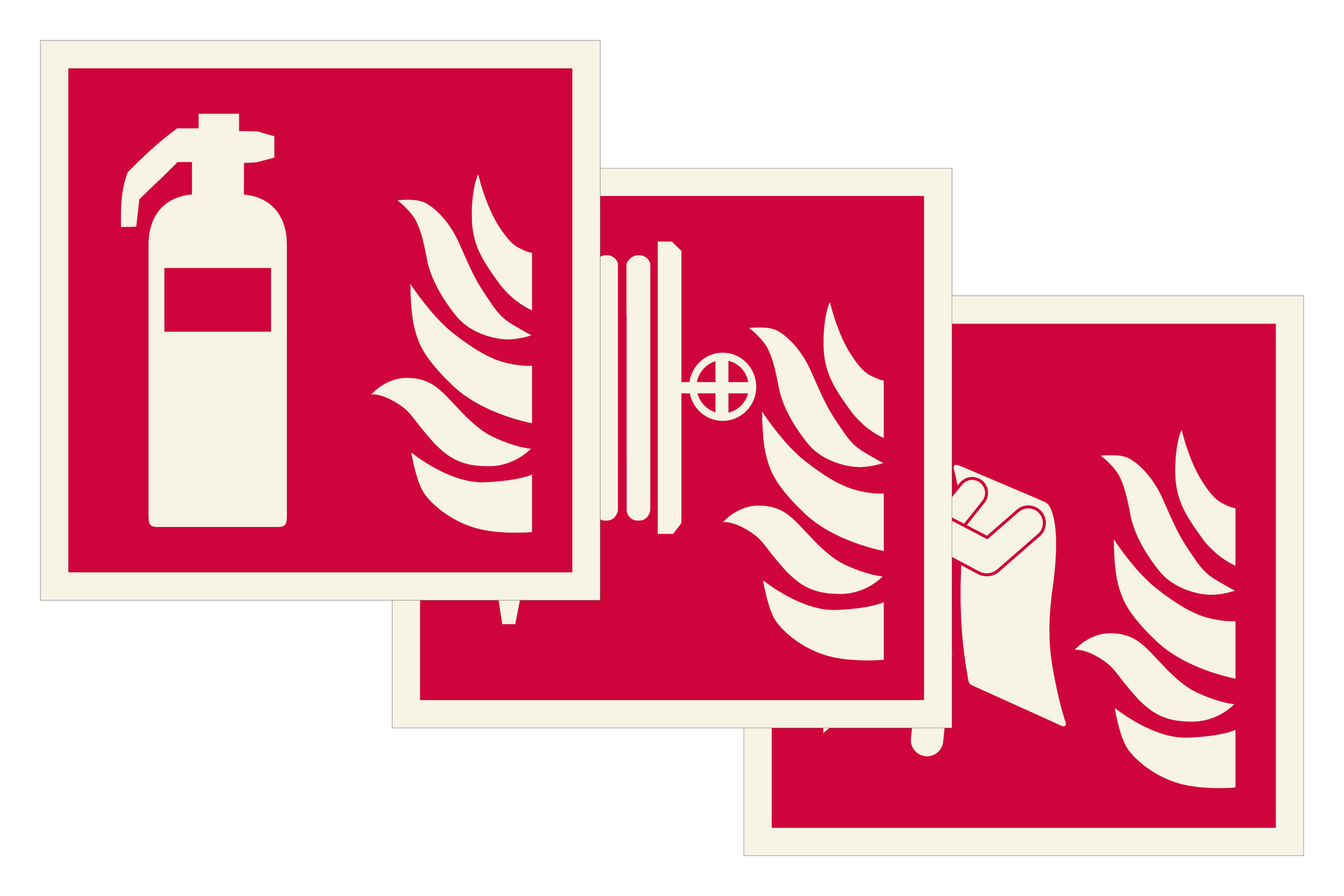 A red sign with a fire extinguisher and flames on it.