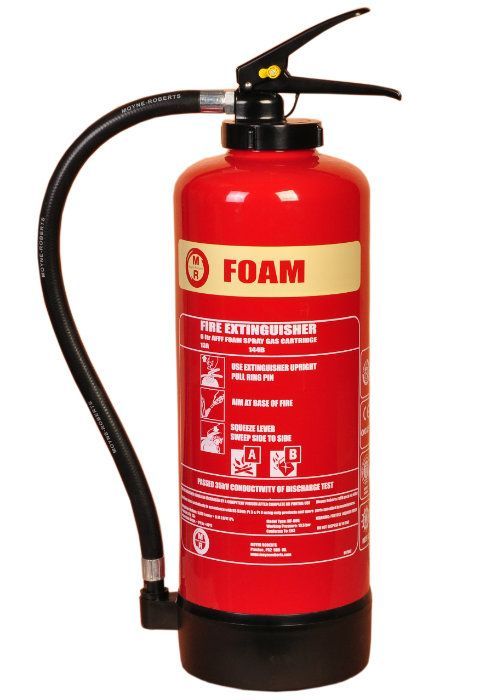 A red foam fire extinguisher on a white background