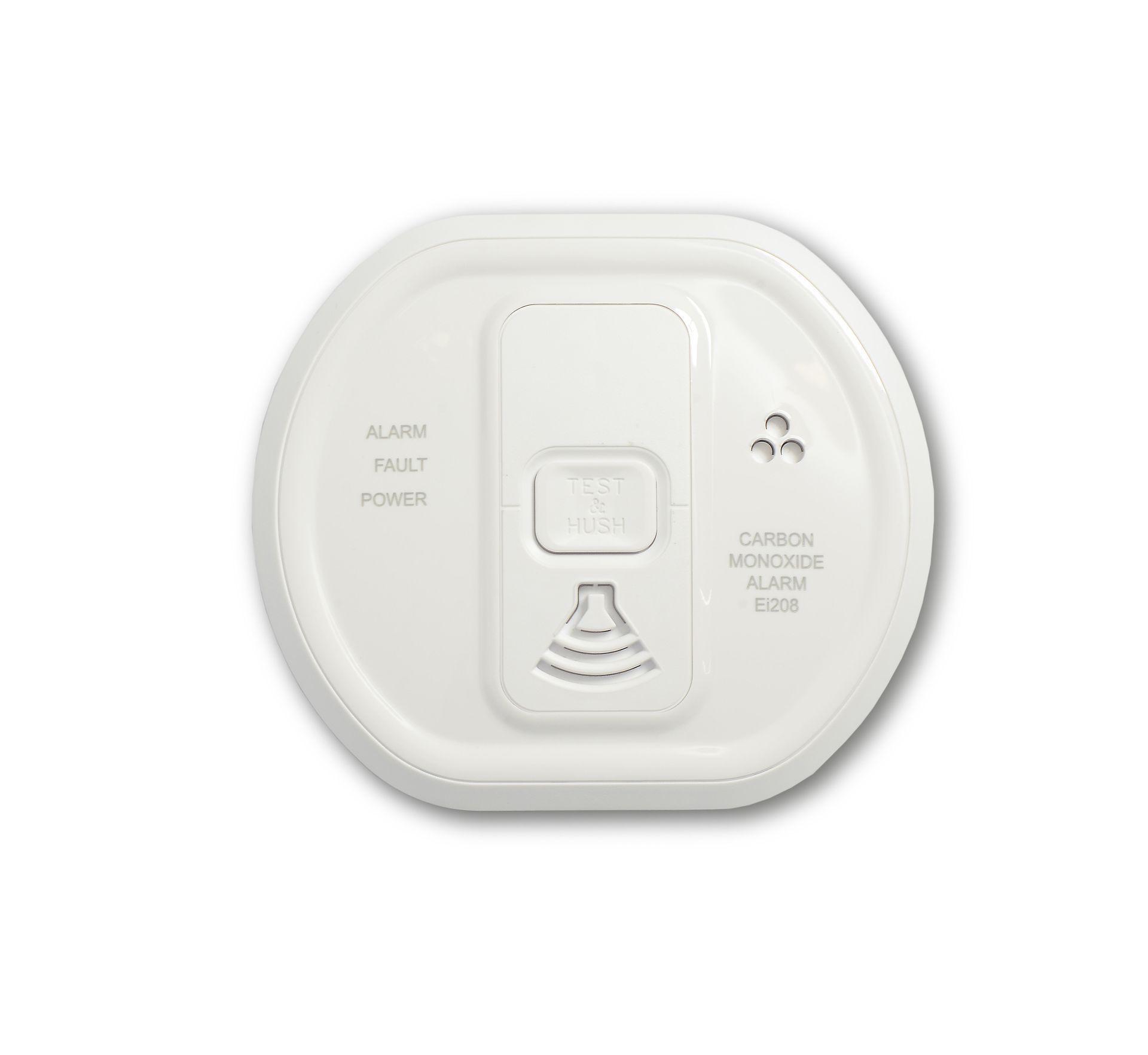 A white smoke detector is sitting on a white surface.