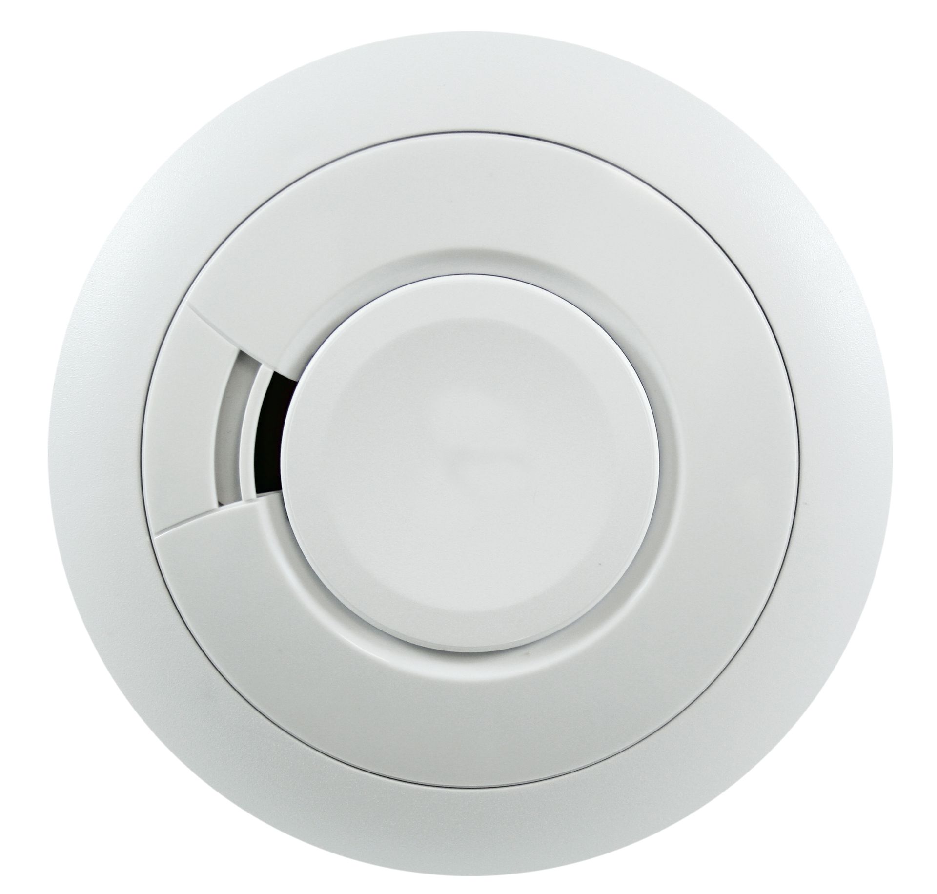 A white smoke detector on a white background