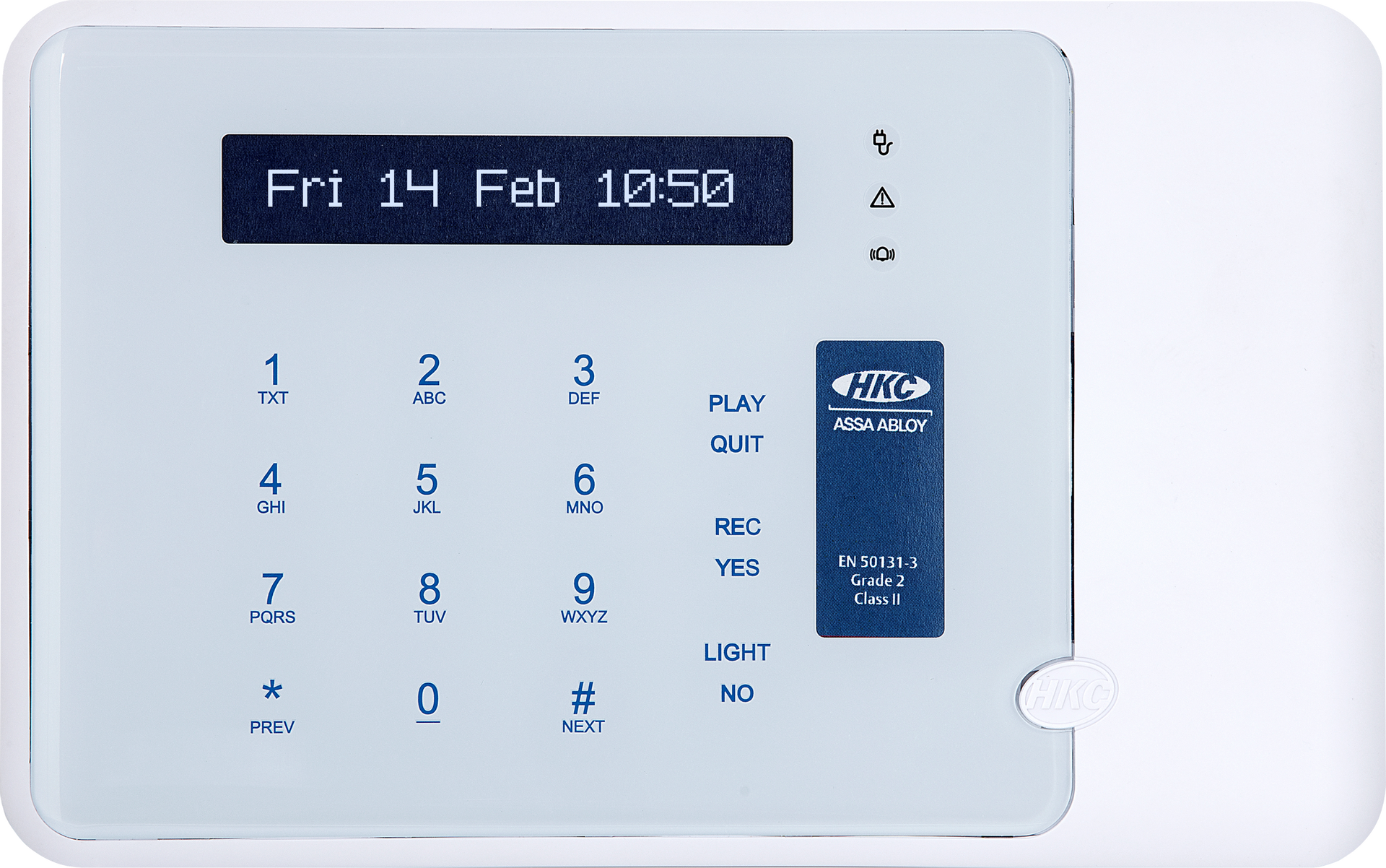 A white alarm system with a display that says friday february 14th at 10:50