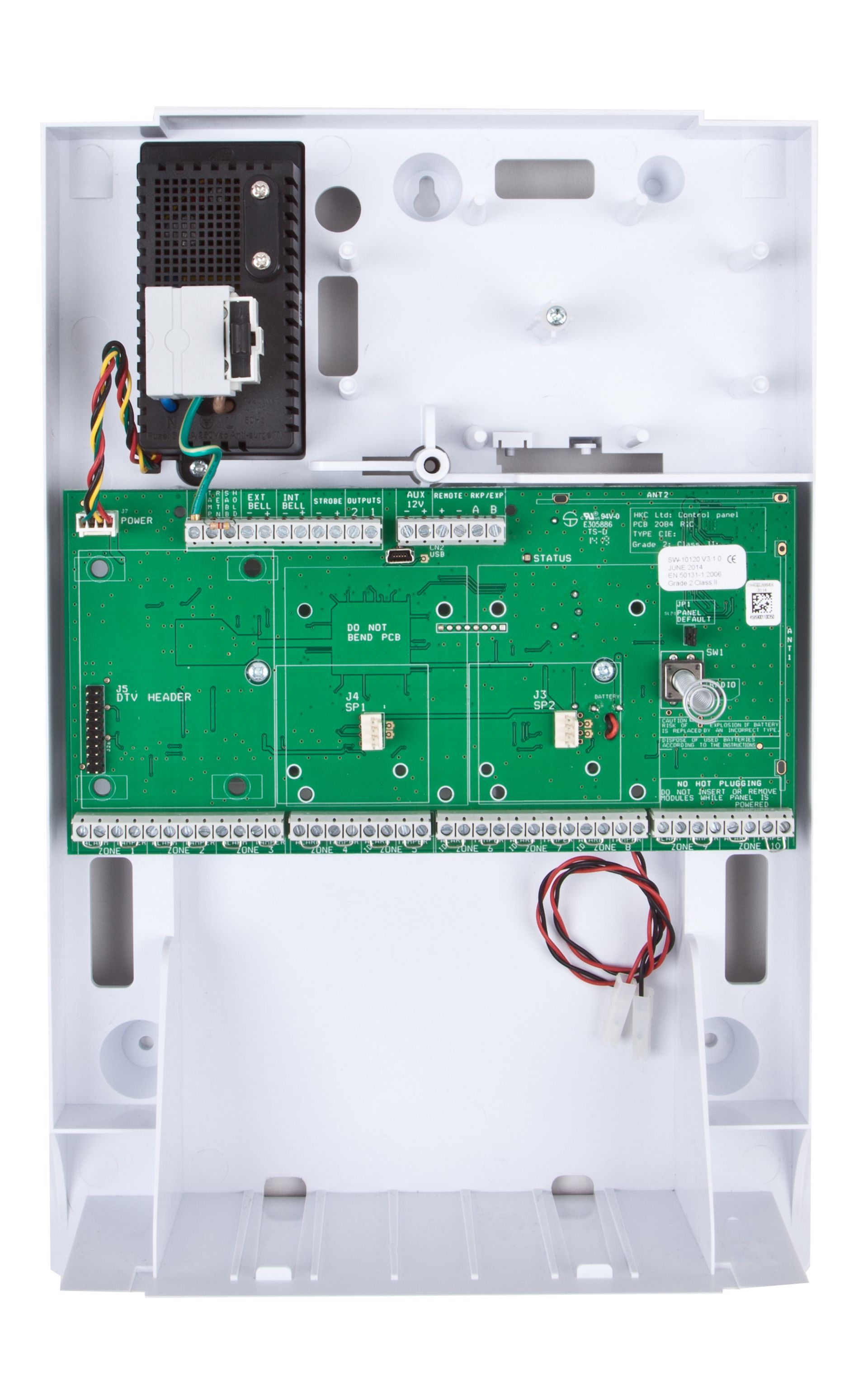 The inside of a security system with a green motherboard.