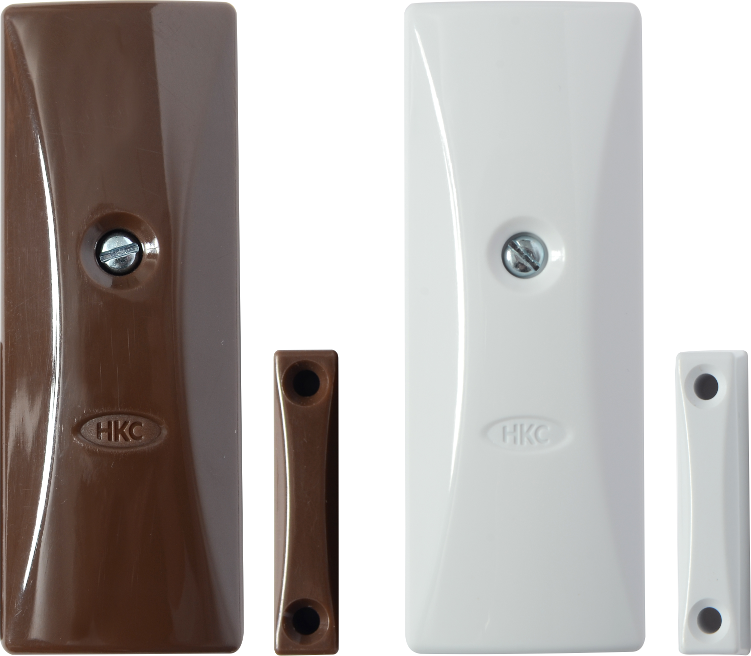 A brown and white hkc door sensor on a white background