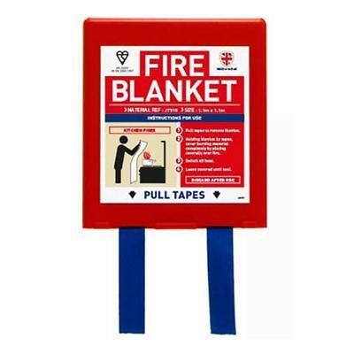 A red fire blanket with instructions on how to use it