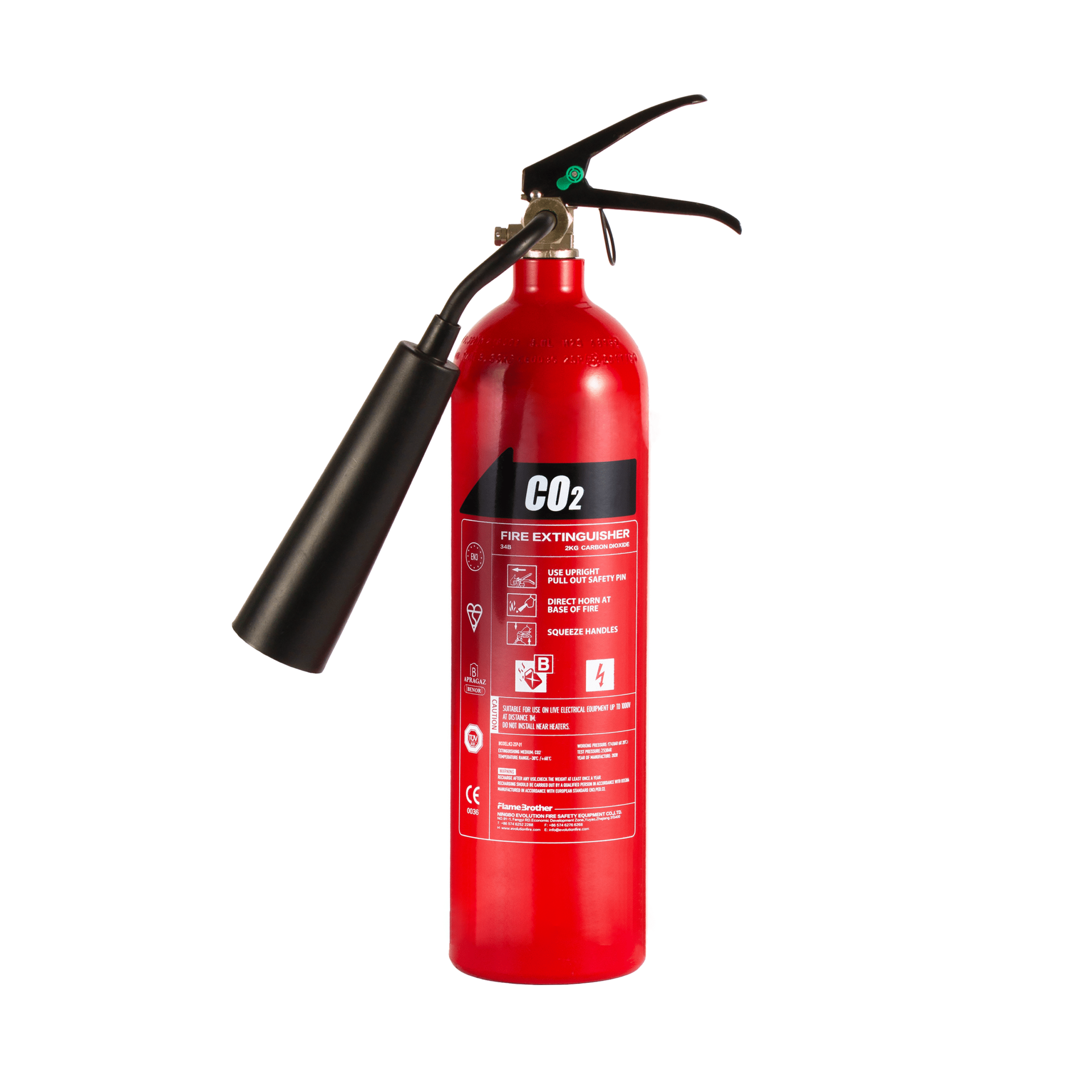 A red fire extinguisher with a black handle on a white background.
