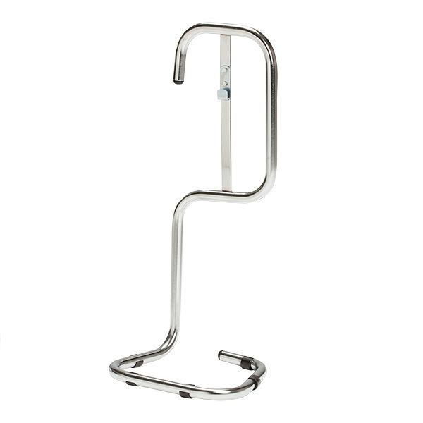 A stainless steel fire extinguisher holder on a white background.