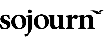 A black and white logo for sojourn with a bird on it.