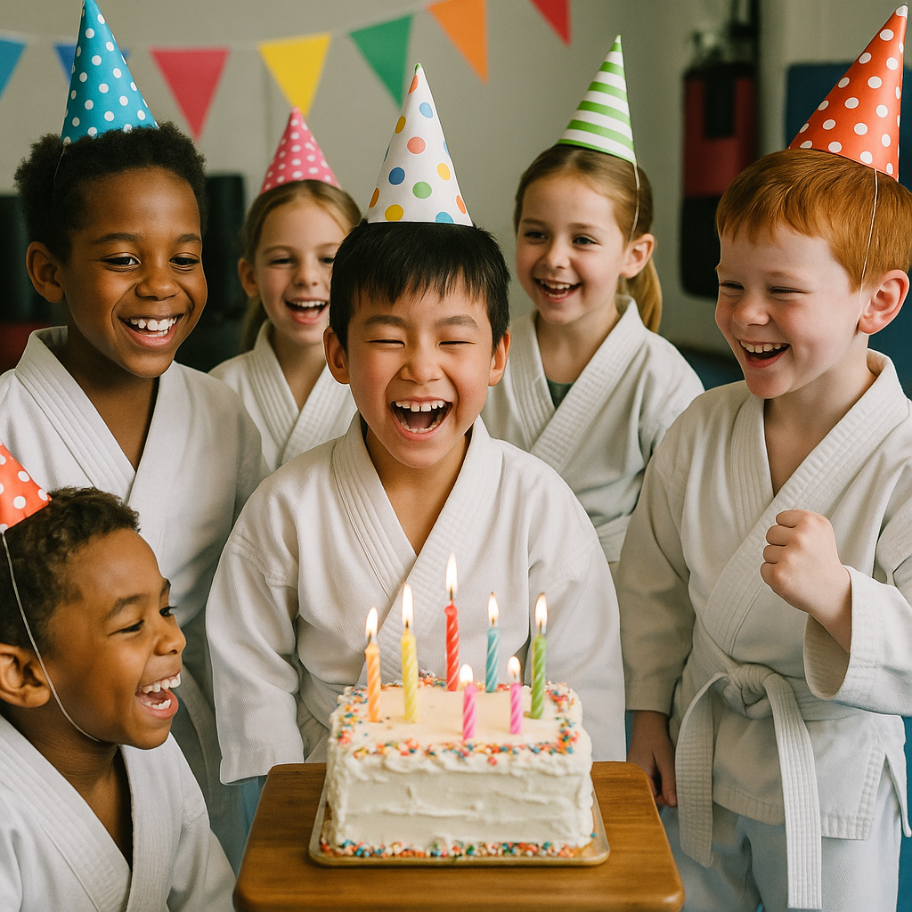 A group of children wearing karate uniforms and party hats are giving a thumbs up.