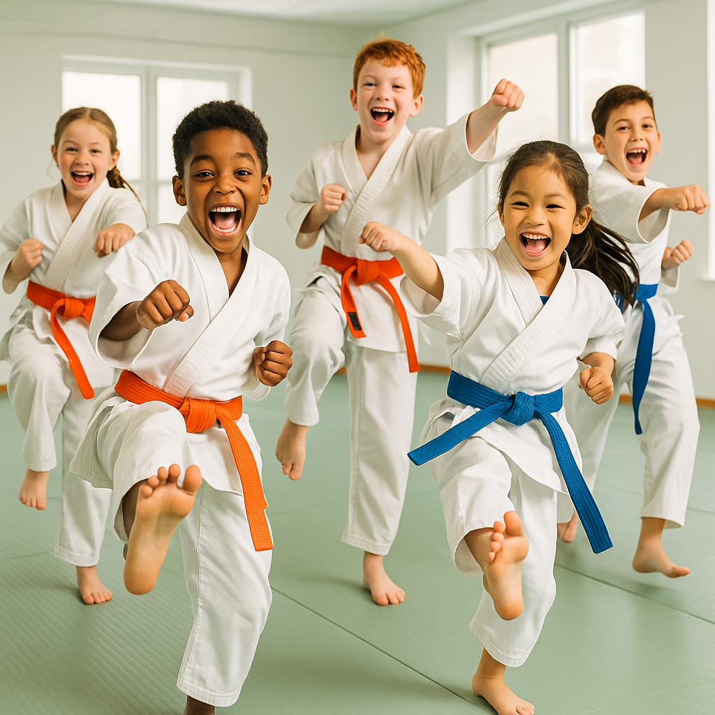 A group of young boys are practicing karate in a gym.