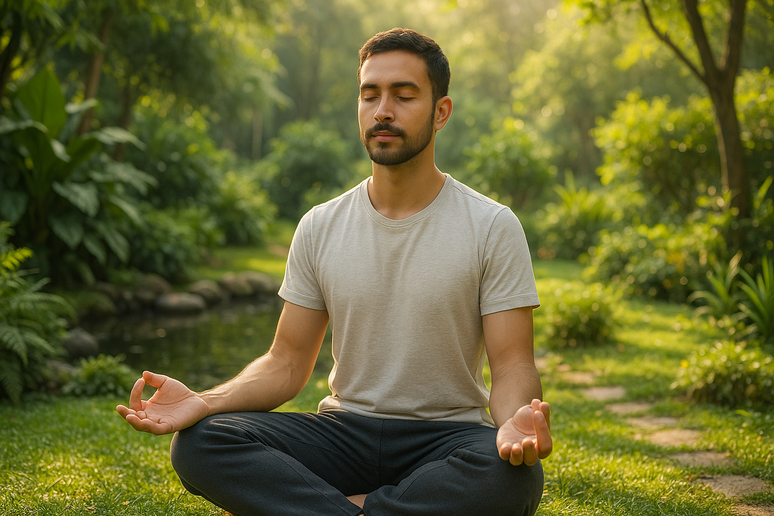 A man is sitting in a lotus position in a park with his eyes closed from Perez Martial arts