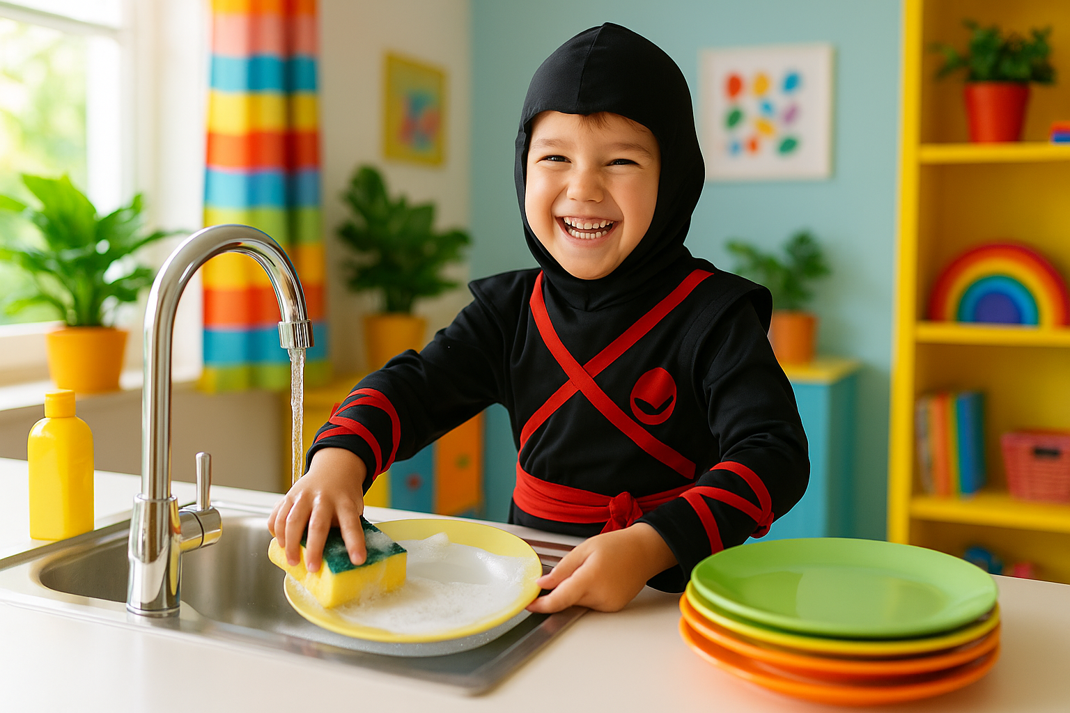 Kid ninja using his skills in martial arts to do dishes