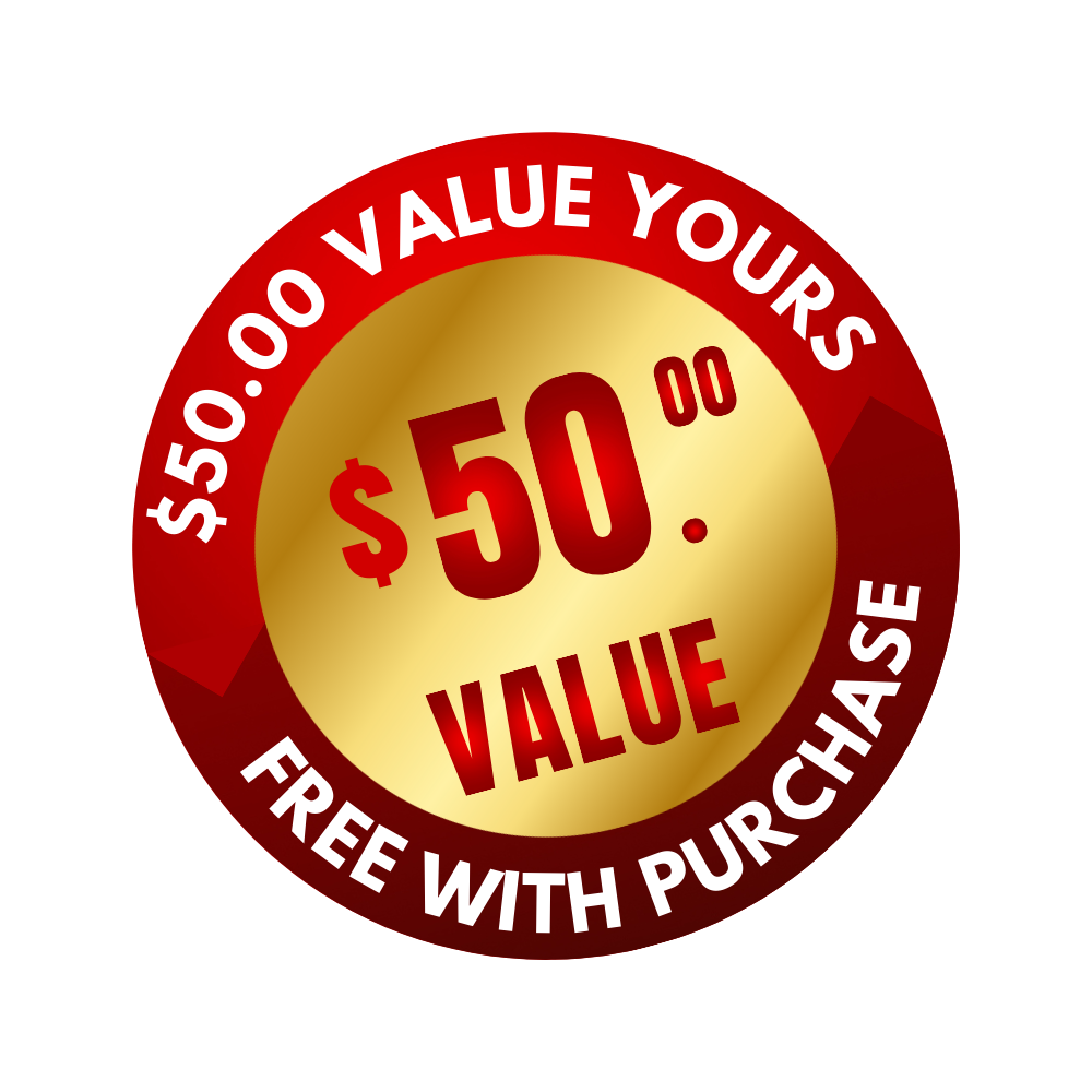 A sticker that says $ 50.00 value yours free with purchase