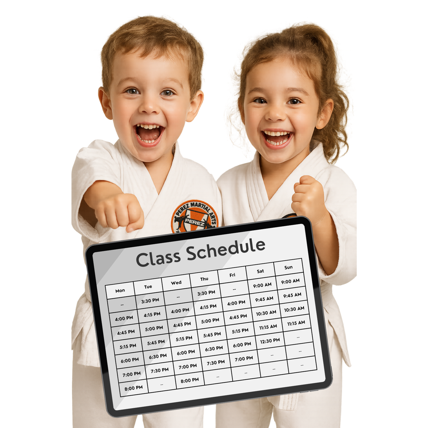 a young boy and a girl wearing karate uniforms are standing back to back and smiling