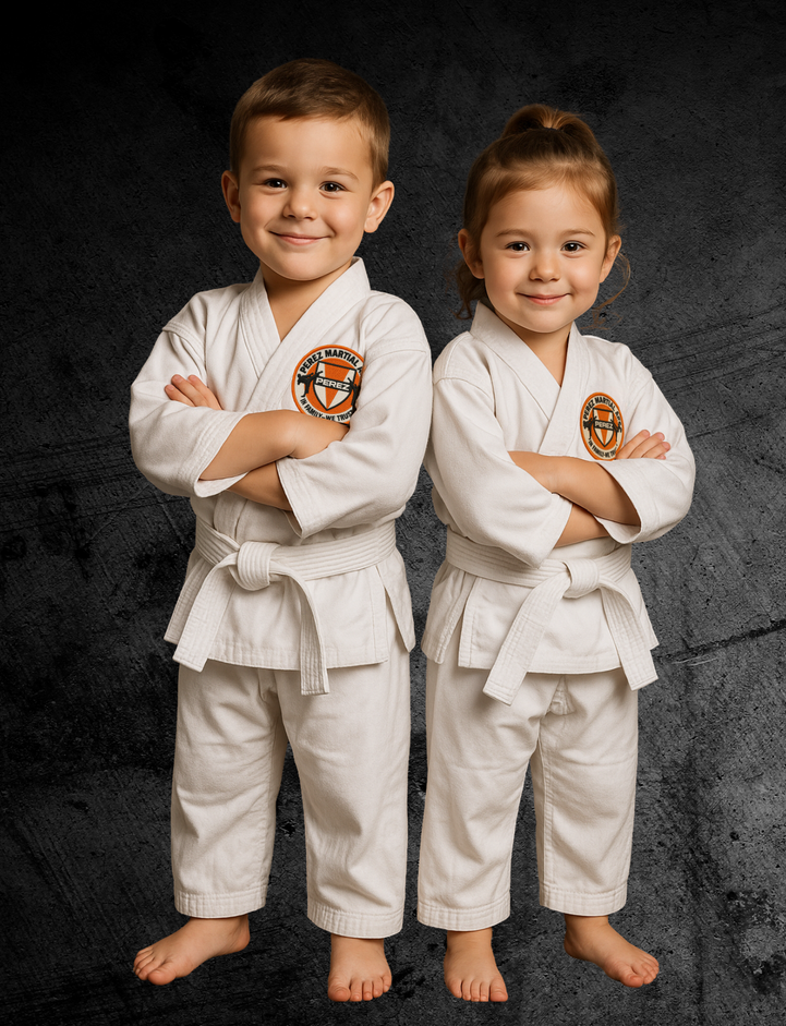 A group of young children are practicing karate together.