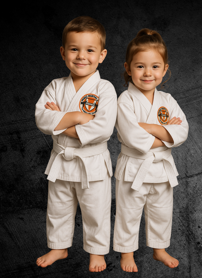 A boy and a girl in karate uniforms are standing next to each other with their arms crossed.