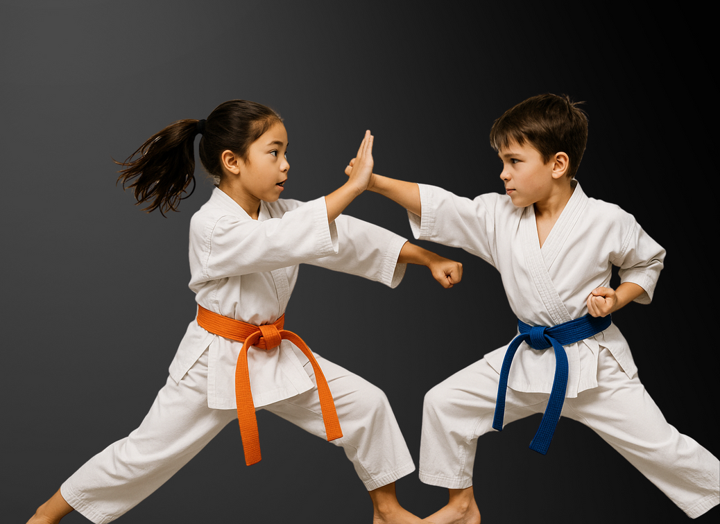 A group of young children are practicing karate together.