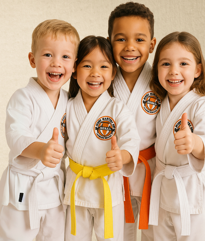 A group of children wearing white karate uniforms are giving a thumbs up
