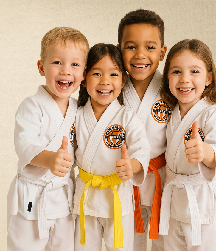 A group of children wearing karate uniforms and party hats are giving a thumbs up.