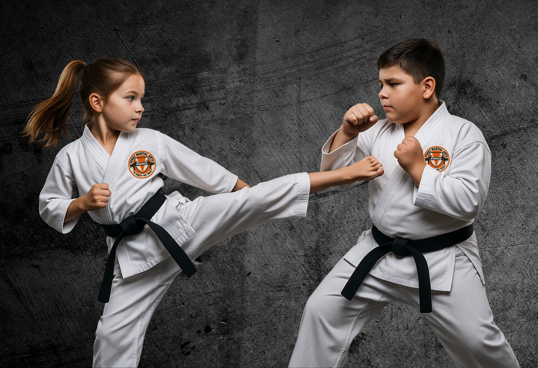 A boy and a girl are practicing karate in a dark room.