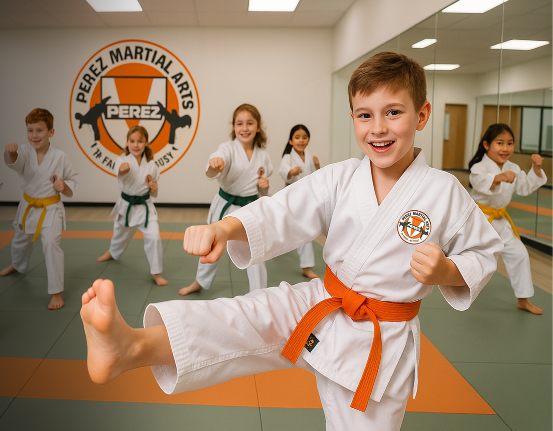 A group of children are practicing martial arts in a gym.