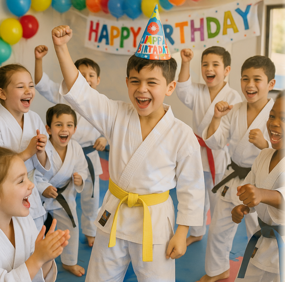 A group of children wearing karate uniforms and party hats are giving a thumbs up.