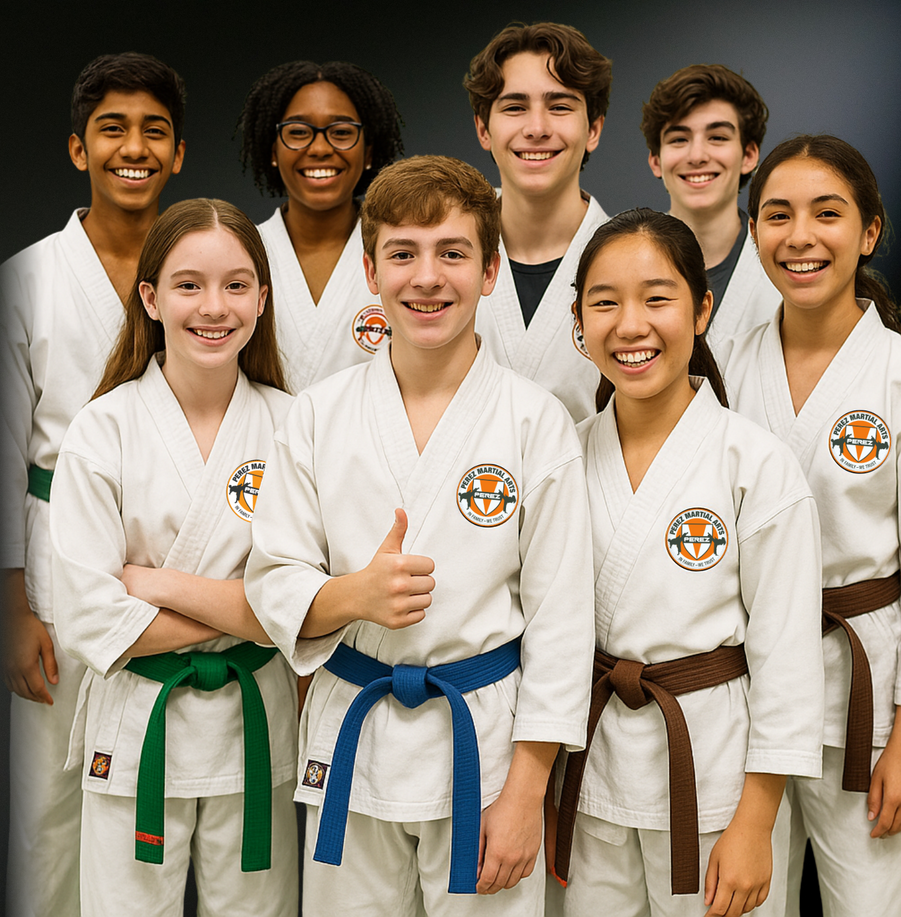 Two young boys in karate uniforms with red belts are standing next to each other.