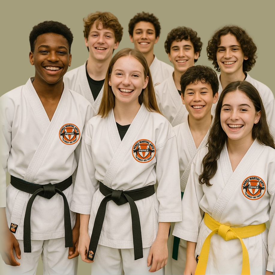 A group of children in karate uniforms are posing for a picture.