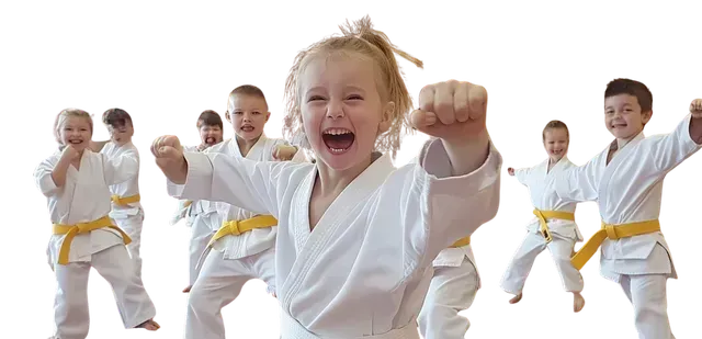A group of young children wearing karate uniforms and purple belts.
